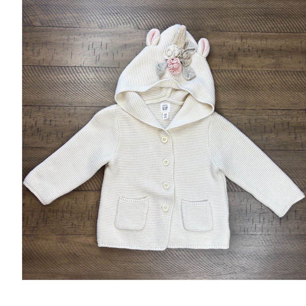 Baby Gap Unicorn Knit Cardigan Sweater Off White Floral Hood 12-18 Months